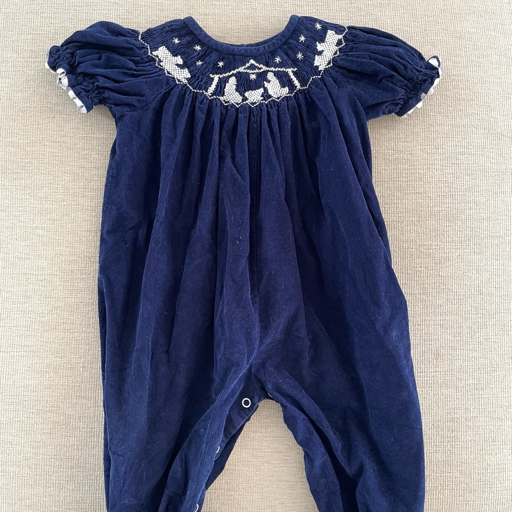 Navy Blue Smocked Baby Romper with White Embroidery
